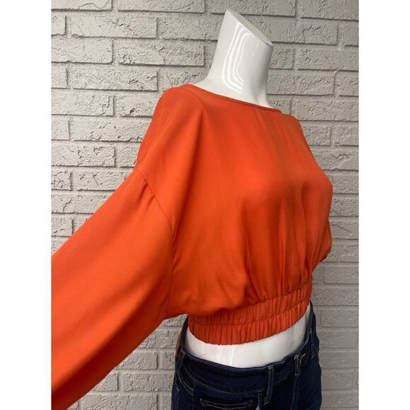 TIMING Orange Lace-Up Back Smocked Waist Blouse Size M - Picture 4 of 7